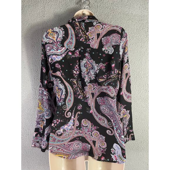 Express Women’s Paisley Button Down Shirt XS Black Multicolor Boho Blouse - Picture 8 of 10
